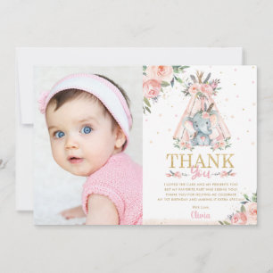 Cute Elephant Floral Boho Tribal Birthday Photo Thank You Card