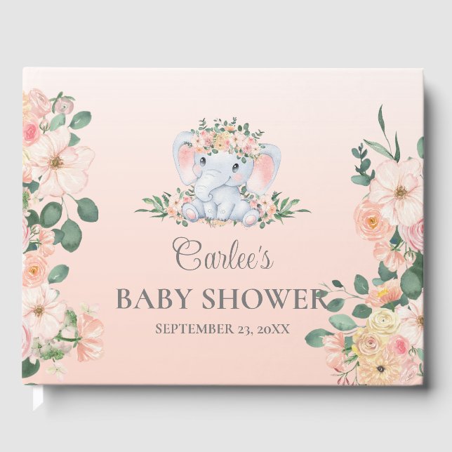 Cute Elephant Floral Girl Baby Shower Guest Book (Front)
