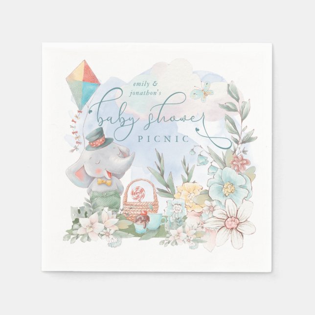 Cute Elephant Floral Nature Boy Baby Shower Picnic Napkin (Front)