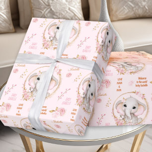 Cute Elephant Floral Pink Baby Girl Custom Name Wrapping Paper