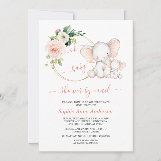Cute Elephant Floral Virtual Baby Shower By Mail Invitation (Front)
