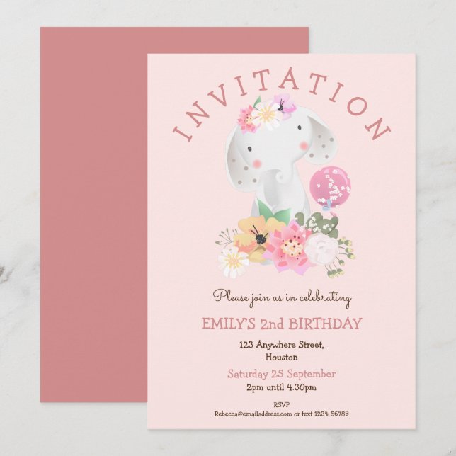 Cute Elephant Florals Girl 2nd Birthday Pink Party Invitation (Front/Back)