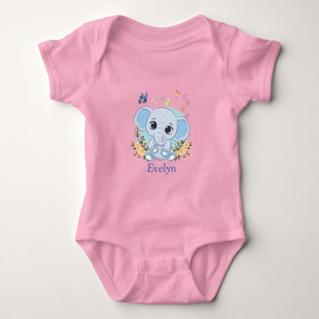 Cute Elephant Flowers and Butterflies Personalised Baby Bodysuit (Front)
