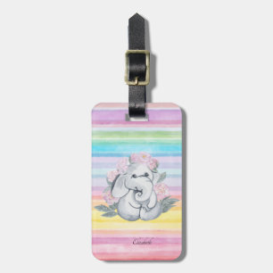 Cute Elephant Flowers Watercolor Stripes Luggage Tag