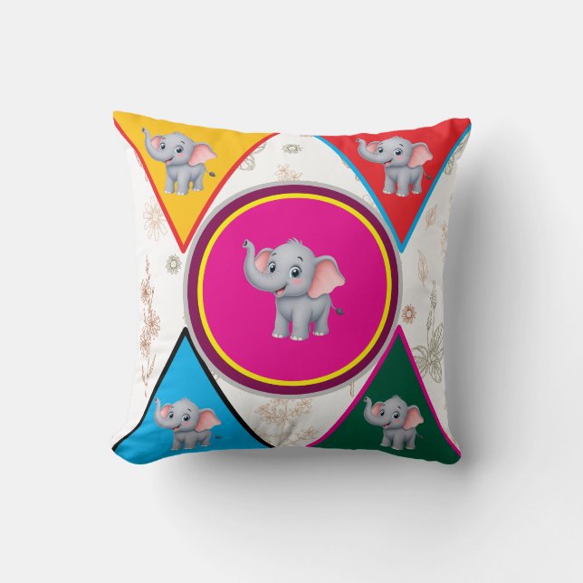 Cute Elephant Geometric Kids Throw Pillow (Front)