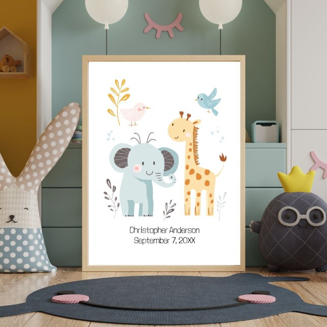  Cute Elephant Giraffe Birds Personalised Nursery  Poster (Personalized Birth Stats Nursery Wall Art. Design is Elephant Giraffe and Birds. Add babies name )