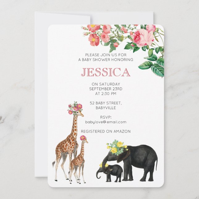 Cute Elephant & Giraffe Floral Baby Girl Shower Invitation (Back)