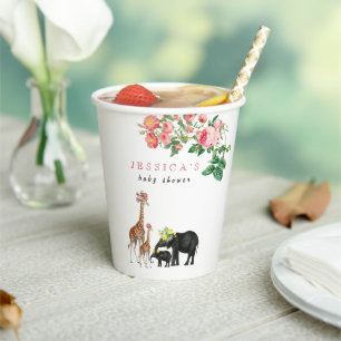 Cute Elephant & Giraffe Floral Baby Shower Girl  Paper Cups