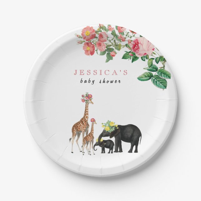 Cute Elephant & Giraffe Floral Baby Shower Girl Paper Plate (Front)
