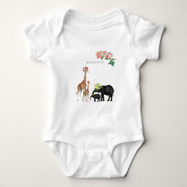 Cute Elephant & Giraffe Floral Custom Baby Name Bodysuit (Front)