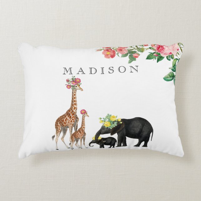 Cute Elephant & Giraffe Floral Custom Baby Name Decorative Cushion (Front)