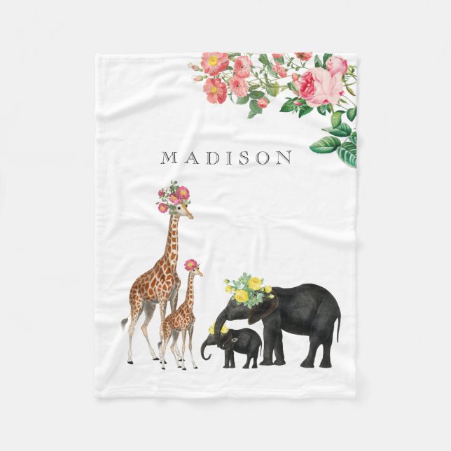 Cute Elephant & Giraffe Floral Custom Baby Name Fleece Blanket (Front)