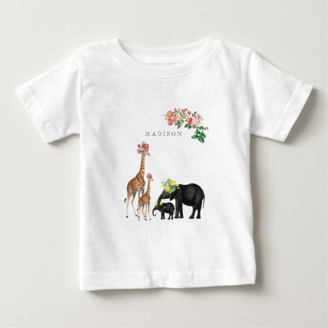 Cute Elephant & Giraffe Floral Custom Baby Name T-Shirt (Front)