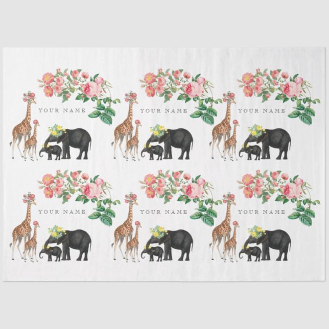 Cute Elephant & Giraffe Floral Custom Name Tissue Paper (Front)