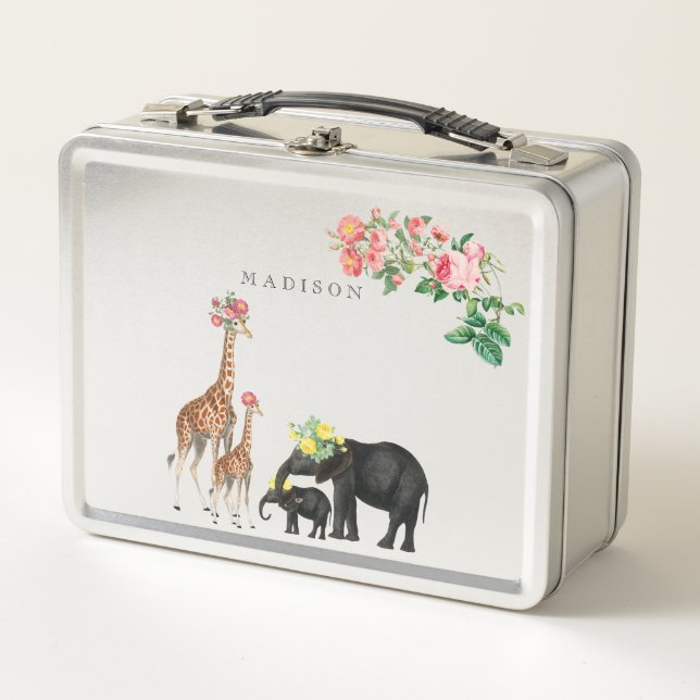 Cute Elephant & Giraffe Floral Girl Custom Name Metal Lunch Box (Front)