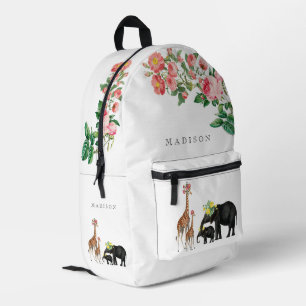 Cute Elephant & Giraffe Floral Girl Custom Name Printed Backpack