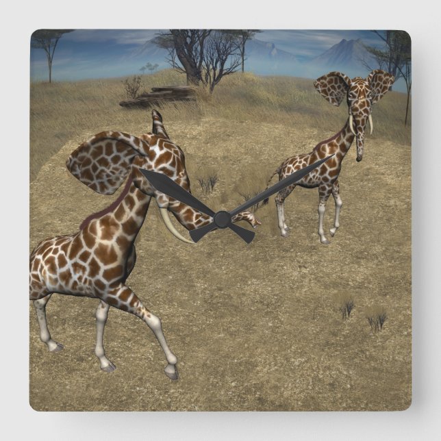 Cute Elephant Giraffes Square Wall Clock (Front)
