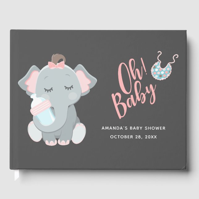 Cute Elephant Girl Baby Shower Guest Book (Front)