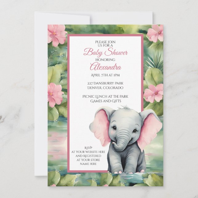 Cute Elephant Girl Baby Shower Invitation (Front)