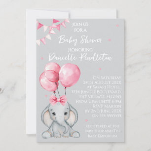 Cute Elephant, Girl Baby Shower Invitation