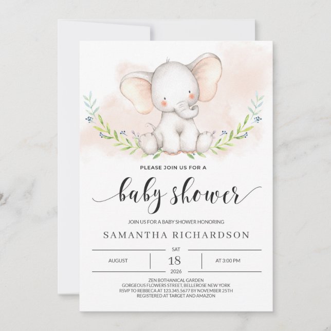 Cute Elephant Girl Baby Shower Invitation Blush (Front)