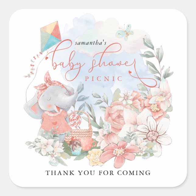 Cute Elephant Girl Baby Shower Picnic Thank you Square Sticker (Front)