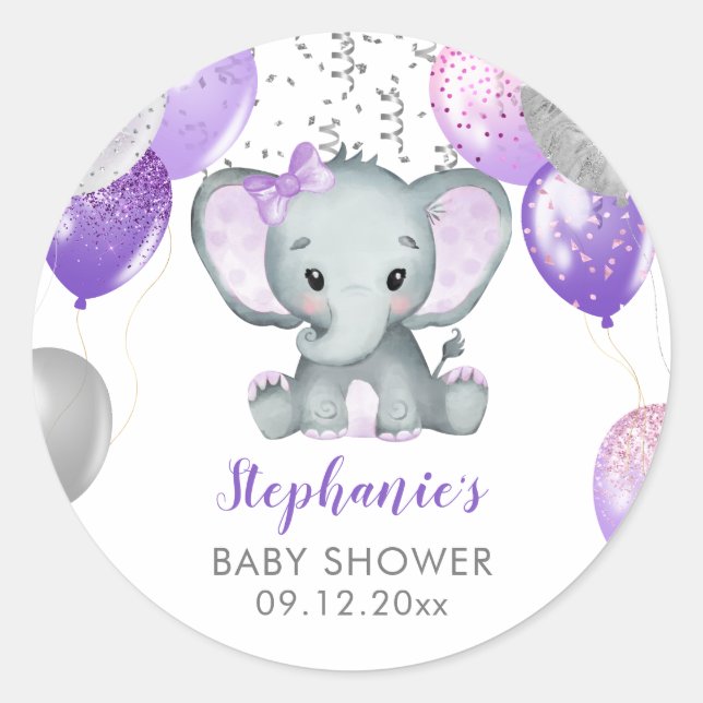 Cute Elephant Girl Balloons Baby Shower Classic Round Sticker (Front)