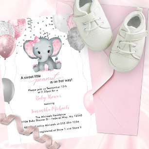 Cute Elephant Girl Balloons Baby Shower Invitation