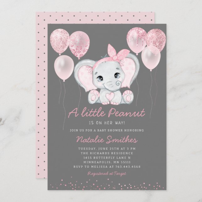 Cute Elephant Girl Balloons Baby Shower Invitation (Front/Back)