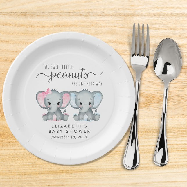 Cute Elephant Girl Boy Twins Baby Shower Paper Plate (Creator Uploaded)