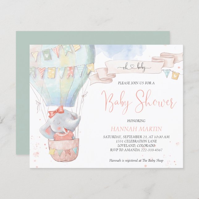 Cute Elephant Girl Budget Baby Shower Invitation (Front/Back)