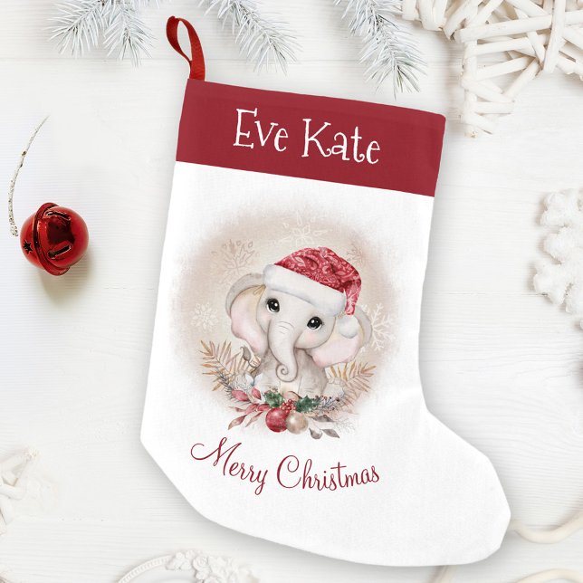 Cute Elephant Girl Name Christmas Stocking (Cute elephant Christmas stocking for a baby girl, red and white,)