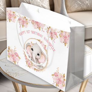 Cute Elephant Girl Pink White 1st Birthday Large Gift Bag
