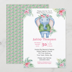 Cute Elephant  Girls Baby Shower Invitation