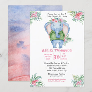 Cute Elephant Girls Baby Shower Invitation