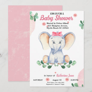 Cute  Elephant Girls Baby Shower  Invitation