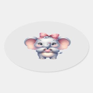 Cute Elephant Giving Heart -  Oval Sticker