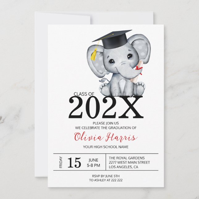 Cute Elephant Graduate Invitation (Front)