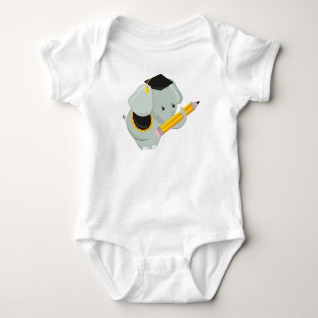 Cute Elephant, Graduation Elephant, School, Pencil Baby Bodysuit (Front)
