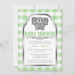 Cute Elephant Green Gingham Baby Shower Invitation