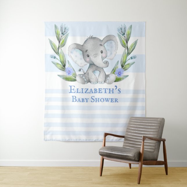Cute Elephant Greenery Boy Baby Shower Photo Booth Tapestry (In Situ)