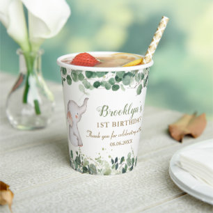 Cute Elephant Greenery Gender Neutral 1st Birthday Paper Cups