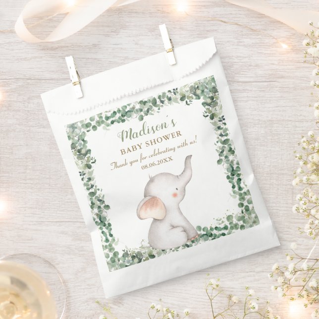 Cute Elephant Greenery Gender Neutral Baby Shower Favour Bags (Clipped)