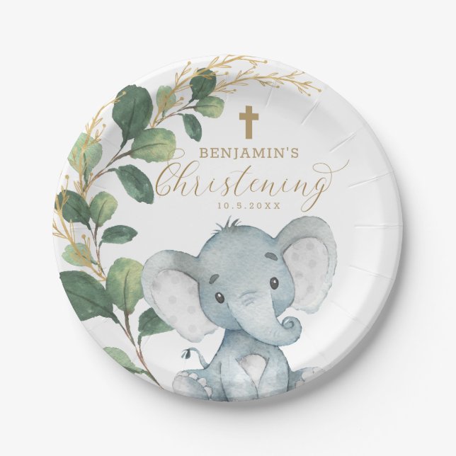 Cute Elephant Greenery Gold Leaves Christening Paper Plate (Front)