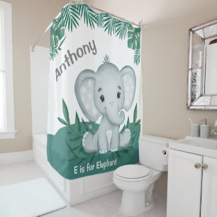 Cute Elephant Greenery Name Shower Curtain