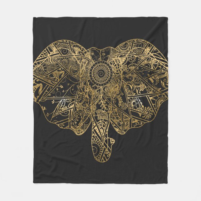 Cute Elephant hand drawn Henna floral Fleece Blanket (Front)