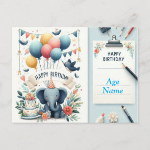 Cute Elephant Happy Birthday Card - Balloons