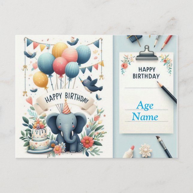 Cute Elephant Happy Birthday Card - Balloons (Front)