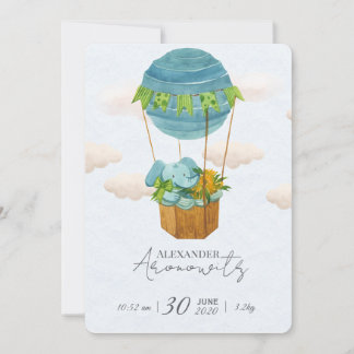 Cute Elephant Hot Air Balloon Baby Birth Announcem Invitation