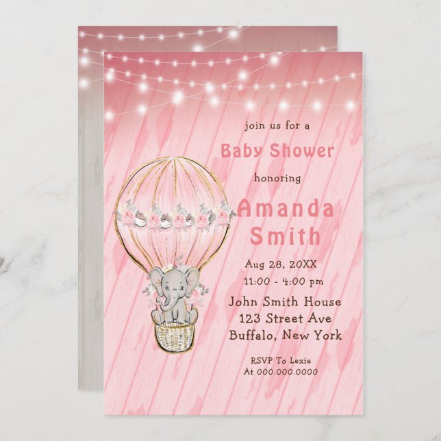 Cute Elephant Hot Air Balloon Baby Shower  Invitat Invitation (Front/Back)